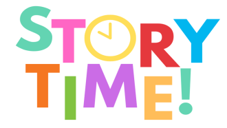 Story time! with a clock as the "O" in the word story